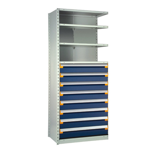 8-Drawer Steel Shelving with Drawers, 36" W x 18" D x 87" H, 5 Shelves, Eight 6"H, Included Dividers, Adder